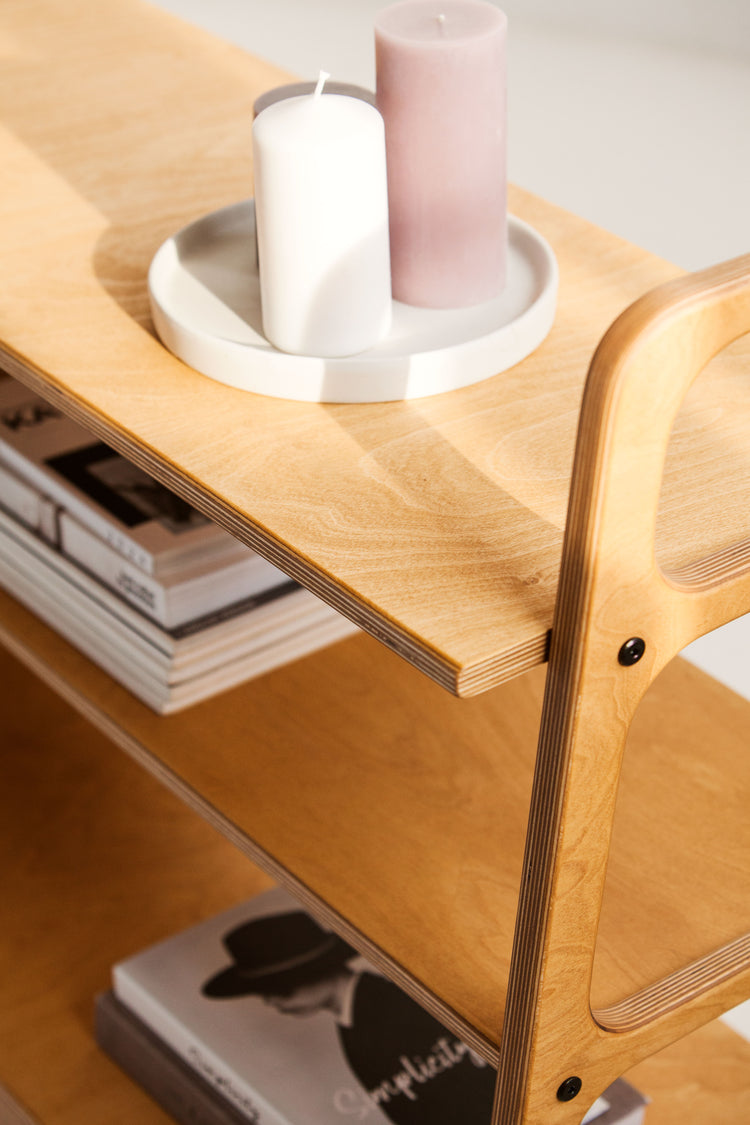 Regał vintage na książki i winyle 12″, ujęcie pod kątem, jasny dąb