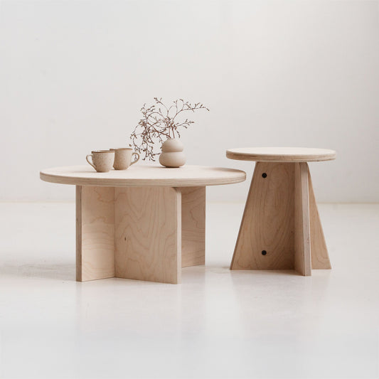 Zestaw dwóch stolików kawowych ze sklejki brzozowej, średnice 60 i 32,5 cm — Plywood Project