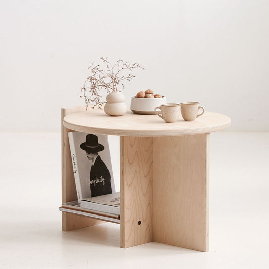 Okrągły stolik kawowy japandi ze sklejki brzozowej — kolekcja Nokori, Plywood Project