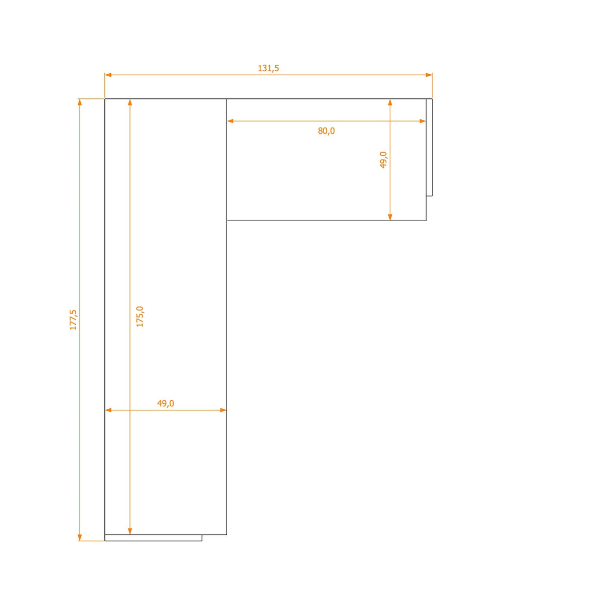 Biurko L-Shape 49/49 — rysunek obrysu, 131,5 cm