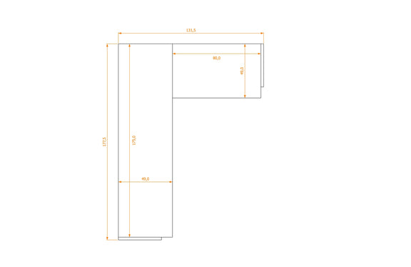 Biurko L-Shape 49/49 — rysunek obrysu, 131,5 cm