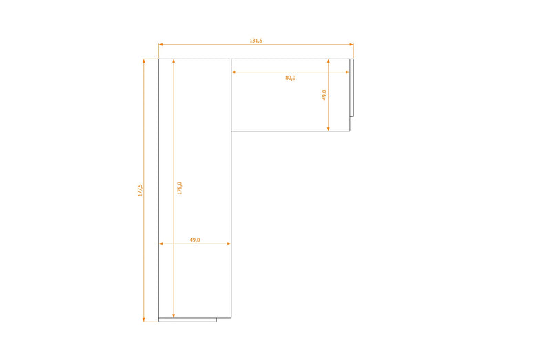 Biurko L-Shape 49/49 — rysunek obrysu, 131,5 cm