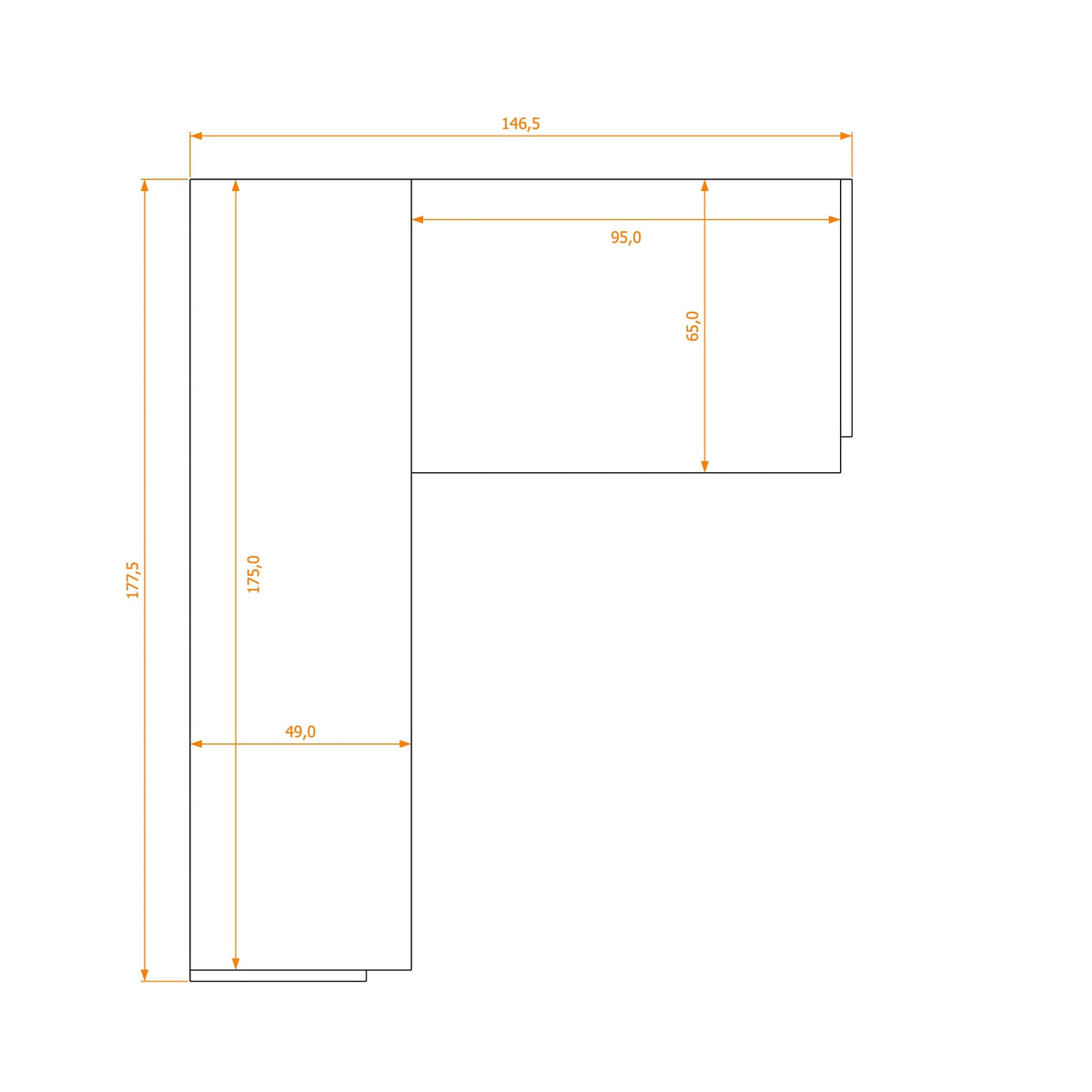 Biurko L-Shape 49/65 — rysunek obrysu, 146,5 cm