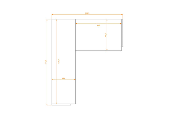 Biurko L-Shape 49/65 — rysunek obrysu, 146,5 cm