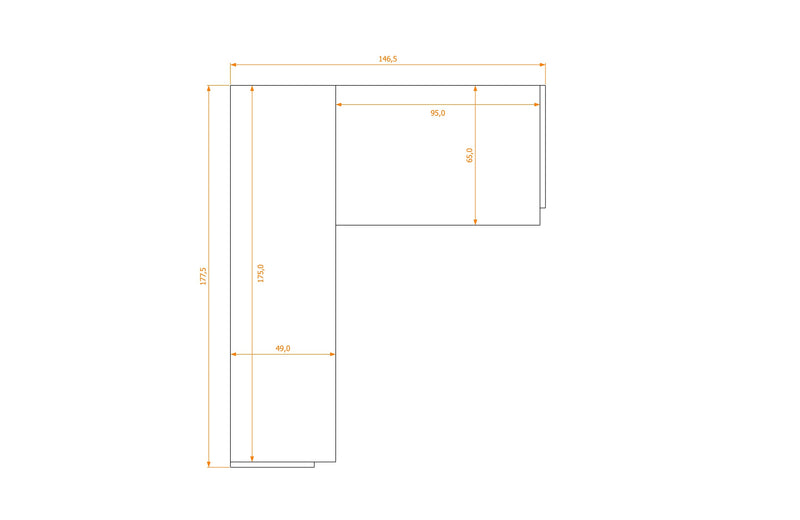 Biurko L-Shape 49/65 — rysunek obrysu, 146,5 cm