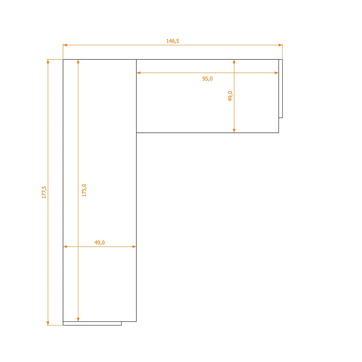 Biurko L-Shape 49/49 — rysunek obrysu, 146,5 cm