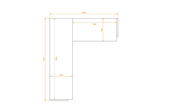 Biurko L-Shape 49/49 — rysunek obrysu, 146,5 cm