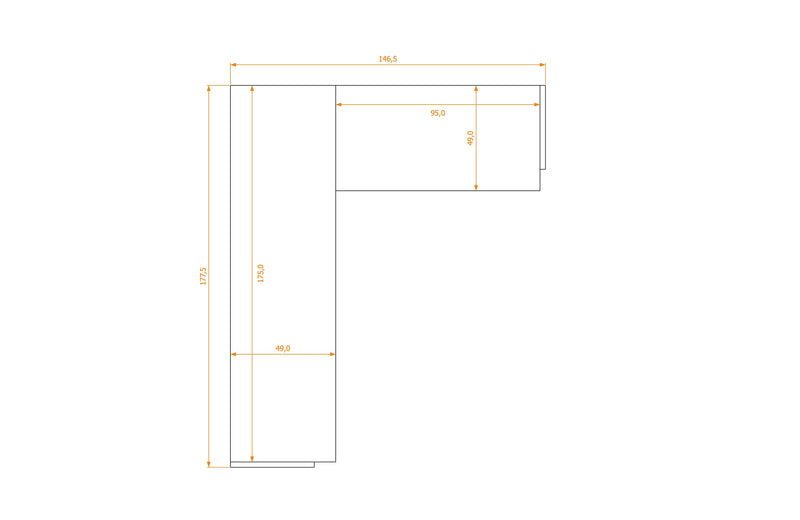 Biurko L-Shape 49/49 — rysunek obrysu, 146,5 cm