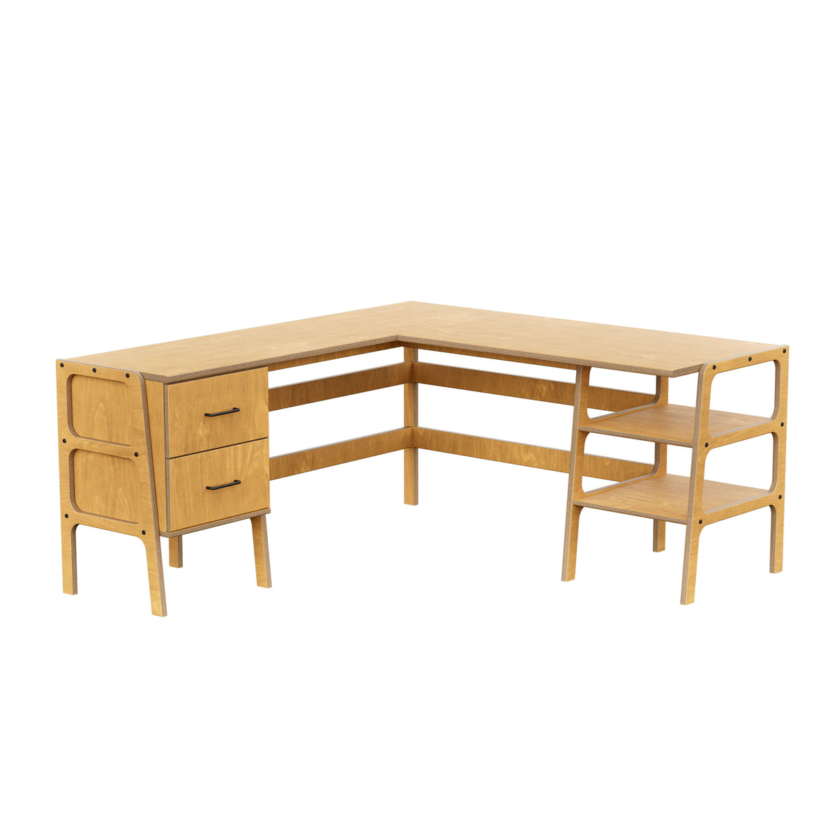 Biurko narożne L · gł. 49/65 cm · 2 szuflady + 2 półki