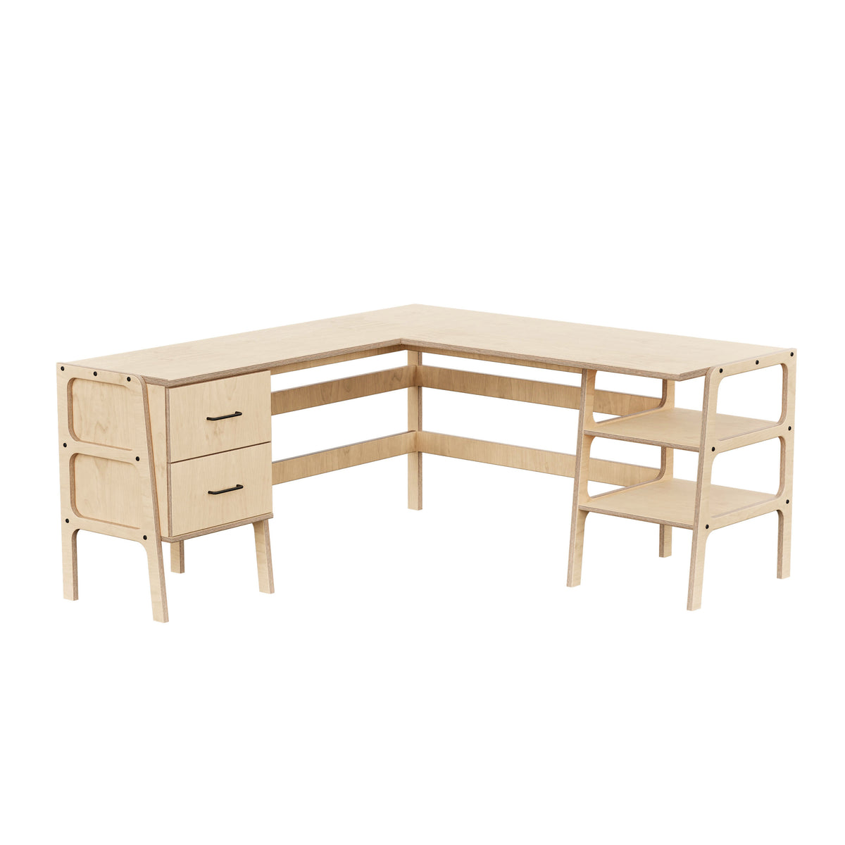 Biurko narożne L · gł. 49/65 cm · 2 szuflady + 2 półki