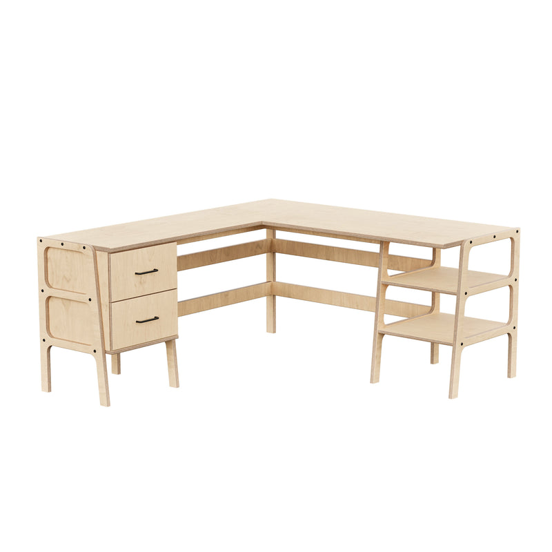 Biurko narożne L · gł. 49/65 cm · 2 szuflady + 2 półki