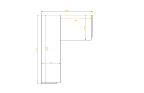 Biurko L-Shape 49/65 — rysunek obrysu, 131,5 cm
