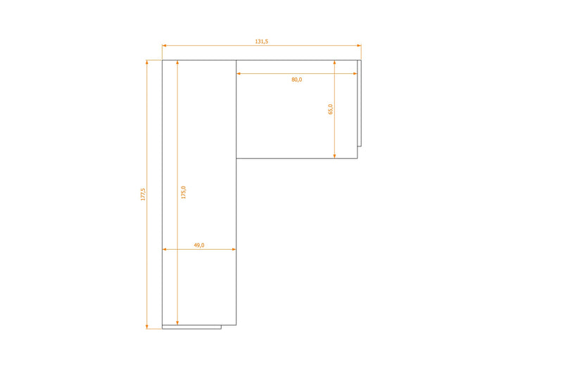 Biurko L-Shape 49/65 — rysunek obrysu, 131,5 cm