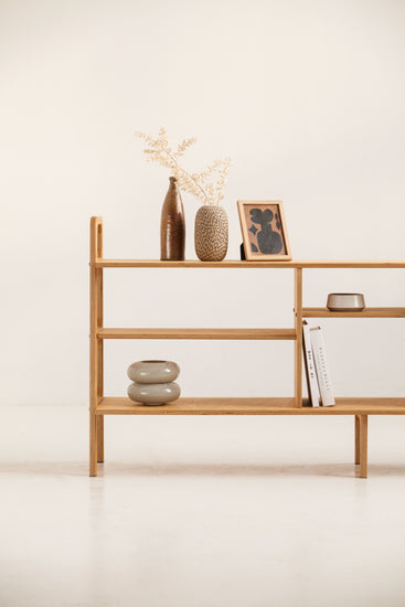 Regał drewniany 189×90×35–40 cm, proporcje mid-century, jasny dąb