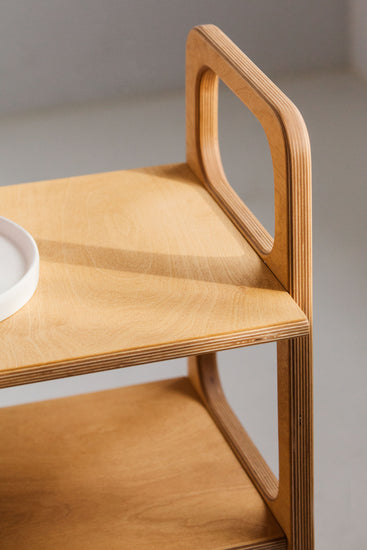 Regał mid-century do salonu, ekspozycja winyli i książek, jasny dąb