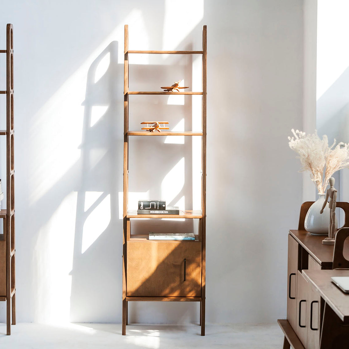    Walnut-mid-century-modern-bookcase-with-cabinet-open