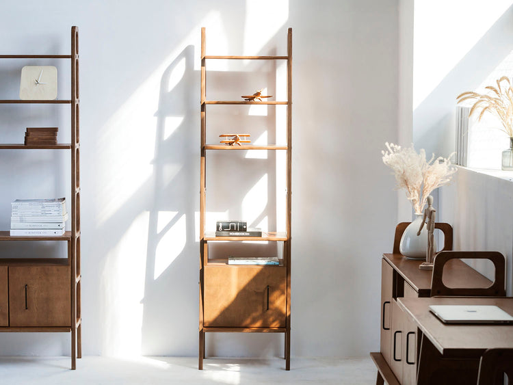    Walnut-mid-century-modern-bookcase-with-cabinet-open