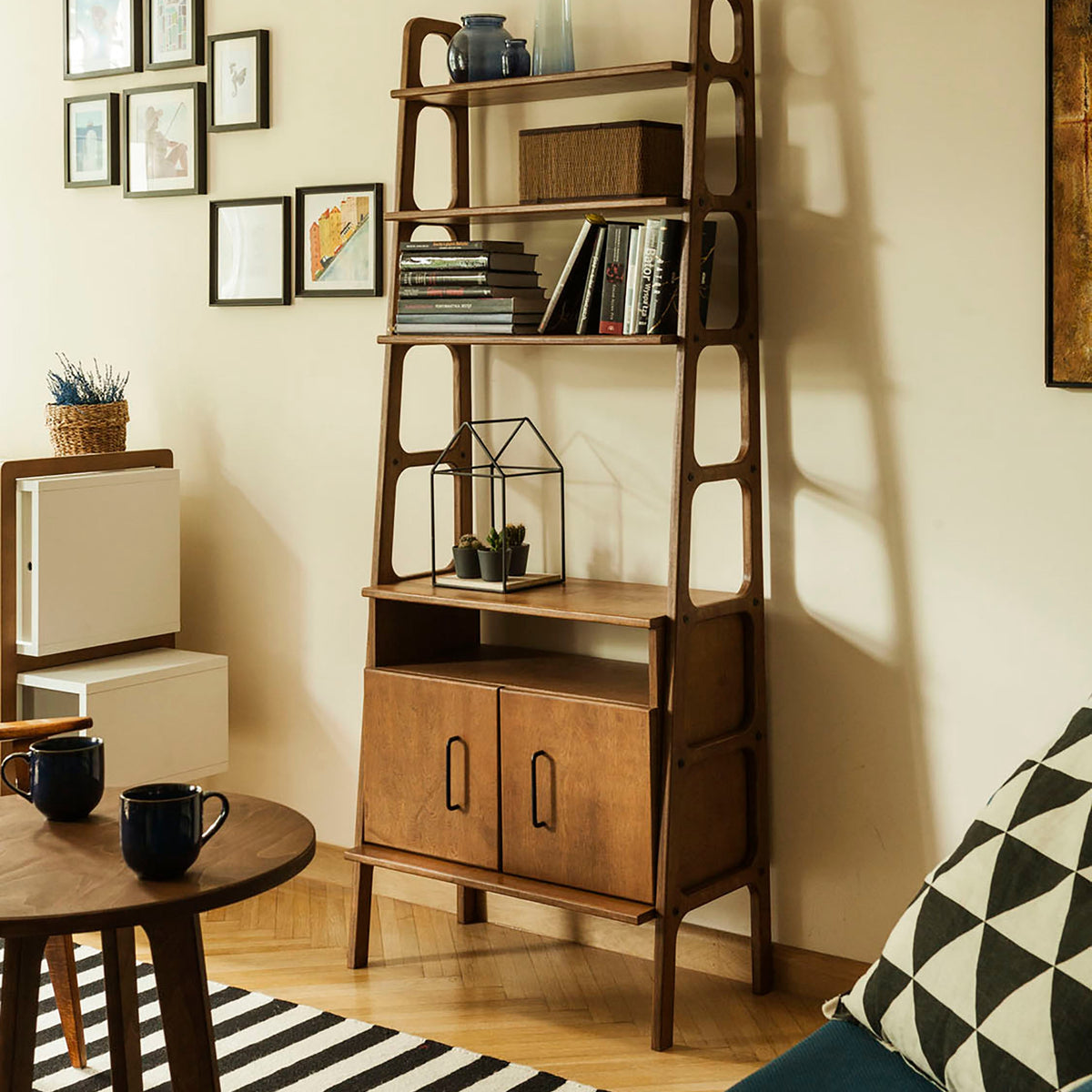Walnut-mid-century-modern-bookcase-with-cabinet-open
