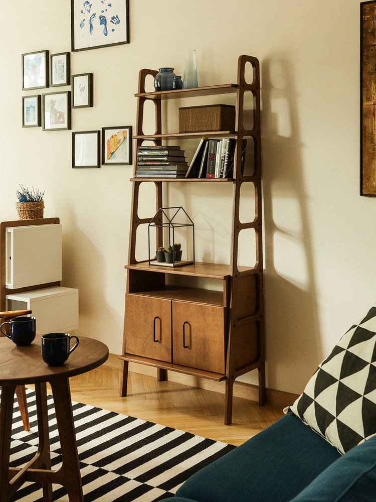 Walnut-mid-century-modern-bookcase-with-cabinet-open