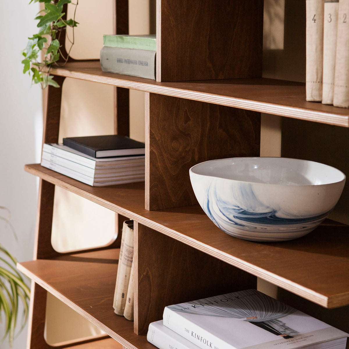 detail-of-walnut-ladder-bookcase-with-cabinet-and-vinyl-record-storage