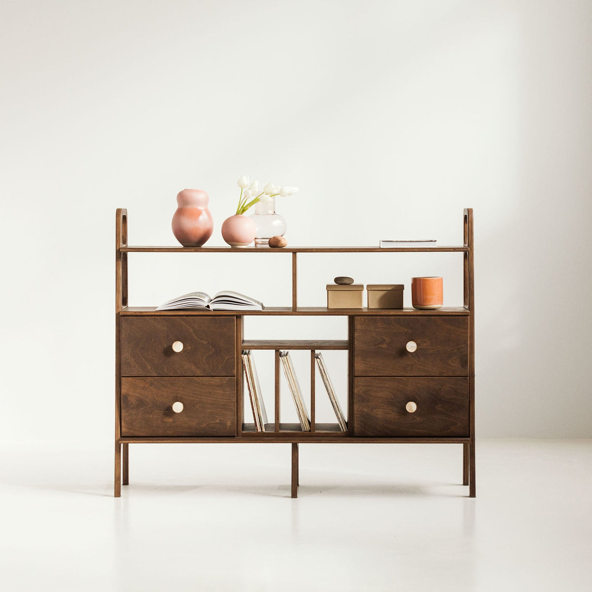    mid-century-modern-sideboard-with-drawers-and-vinyl-storage-in-walnut-stain