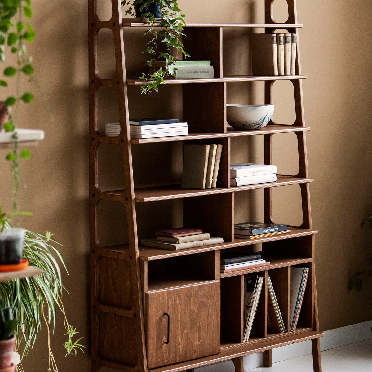 walnut-ladder-bookcase-with-cabinet-and-vinyl-record-storage