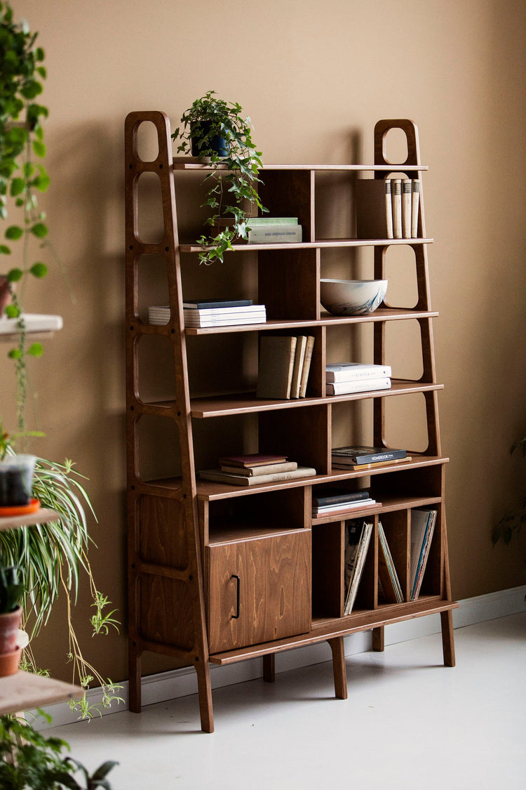 walnut-ladder-bookcase-with-cabinet-and-vinyl-record-storage