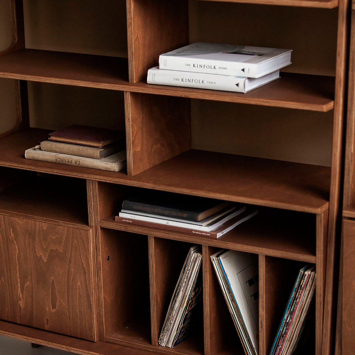 wooden-ladder-bookcase-with-cabinet-and-vinyl-record-storage