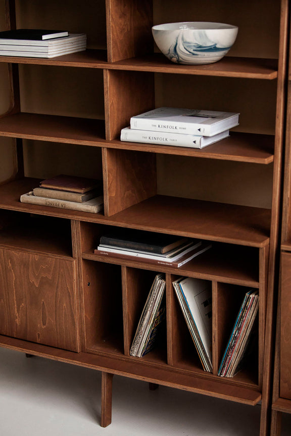 wooden-ladder-bookcase-with-cabinet-and-vinyl-record-storage