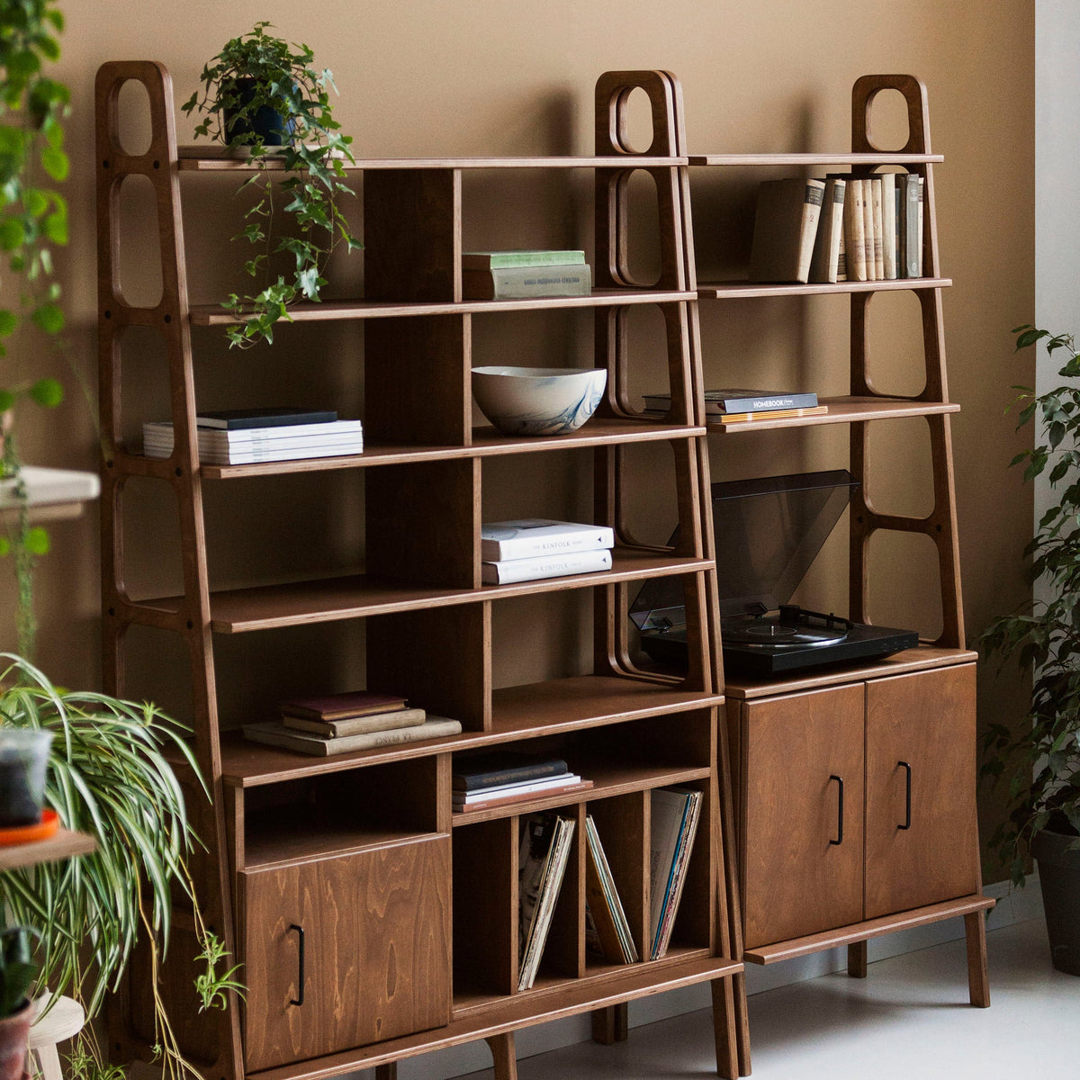 wooden-ladder-bookcase-with-cabinet-and-vinyl-record-storage